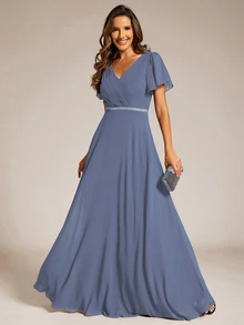 EVERPRETTY Elegant Spring V-Neck Pleated Chiffon Dusty Blue Bridesmaid Dresses With Ruffled Sleeves - Dusty Blue - View 5