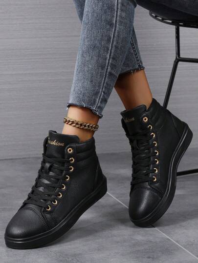 秋冬女式简约字母印花系带休闲运动户外高帮运动鞋，男女同款情侣拼色运动鞋