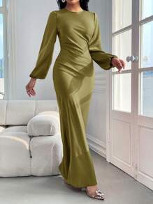 Modelyn Ladies' Solid Color Lantern Sleeve Casual Long Sleeve Dress - Olive Green - View 6