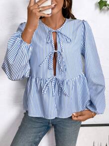 Chiquease Round Neck Striped Print Ruffle Hem Casual Long Sleeve Shirt - Blue - View 1