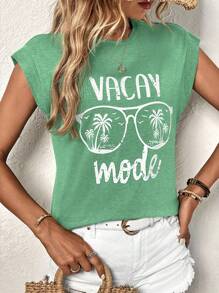 SHEIN LUNE 女士夏季字母眼镜印花圆领短袖休闲 T 恤图案 T 恤女式上衣