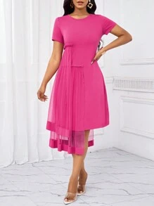 SHEIN Lady Vestido casual de mujer de tul rosa con contraste, vestido casual para oficina y fiesta