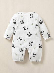 Newborn Baby Boy Cartoon Panda Print Romper - White - View 2