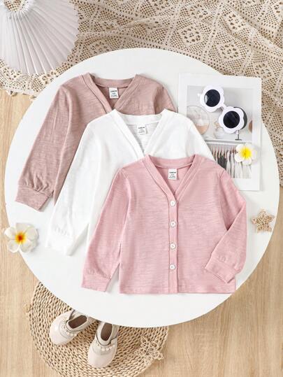 3pcs Baby Girl Lightweight Knit Solid Color Casual Cardigan Set For Early Fall