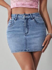 SHEIN EZwear Slant Pocket Bodycon Denim Mini Skirt Y2k - Medium Wash - View 6