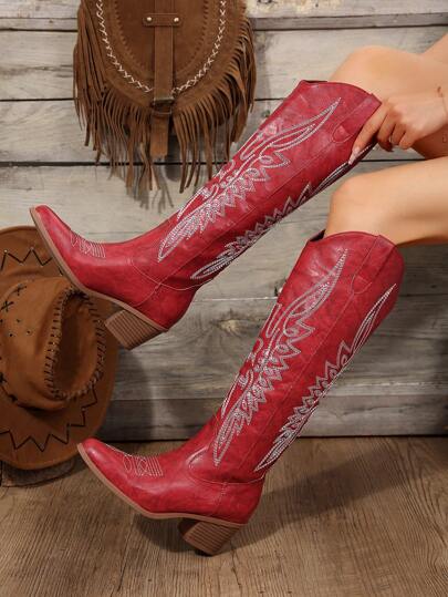 Fall/Winter Famous Embroidered Boots, Go With Sweater, Go With Sweater 2024 European And American Style Retro Chunky High Heel Cowboy Over-The-Knee Boots For Women,Western Style