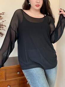 Dazy Plus 加大码宽松纯色长袖上衣，大圆领，透视细节，外出上衣，返校服装，秋季女装 - 黑色 - 查看 5