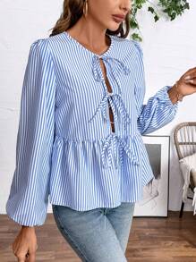 Chiquease Round Neck Striped Print Ruffle Hem Casual Long Sleeve Shirt - Blue - View 6