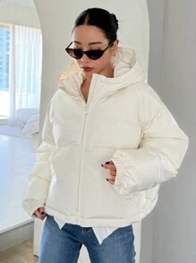 Áo khoác ngắn có mũ trùm đầu màu trơn ấm áp dành cho nữ, áo khoác mùa đông - trắng - Xem 6