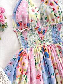 Soleia Multi-Color Block Patchwork Retro-Floral Country Style Vacation Romantic Casual Dress With Ruffles, Knots, And Bow, Double-Layered 'A' Dress - Multicolor - View 4