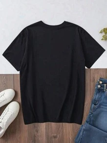 Maweii Plus Size Stop Asking Why I'm Crazy I Don't Ask Why You're So Stupid Interesting Letter Print Short-Sleeved T-Shirt, Casual Top, STOP ASKING WHY I'M CRAZY I DON'T ASK WHY YOU'RE STUPID Graphic Tees Women Tops - Black - View 2