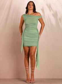 SHEIN BAE Women's Back-To-School Solid Color Asymmetric Mesh Ruched Ribbon Bodycon Dress, Single Lady Party Dress - Green - View 1