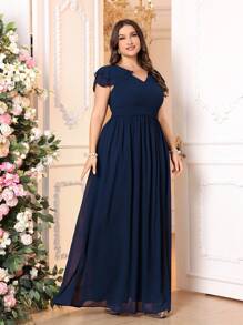 SHEIN Belle Vestido de mujer elegante de gasa azul marino para bodas, con cuello en V, volantes de dos capas, dobladillo asimétrico y diseño de cintura fruncida en línea A, dobladillo asimétrico, apto para eventos de boda, talla grande para dama de honor - Azul Marino - Ver 7