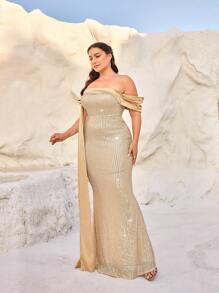 SHEIN Belle 加大尺寸杏色單肩落肩高開叉人魚儀式晚禮服 - 杏色 - 查看 4