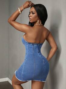 Slaydiva Vestido veraniego sin tirantes de mezclilla con franjas y corte ajustado, lavado - Lavado ligero - Ver 3