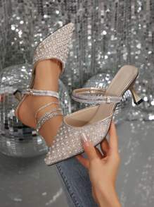 New Stylish Rhinestone & Faux Pearl Pointed Toe High Heel Mules, Suitable For Dates, Parties, Commuting And Business Wear, Spring/Autumn,Elegant,Party Outfits - Champagne - View 1