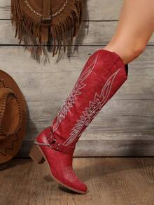 Giày bốt thêu KenDou, Mặt hàng thời trang trên web, Giày cao gót chunky, Phong cách cổ điển, Giày bốt cao bồi cao đến đầu gối dành cho phụ nữ, Phong cách mới của Châu Âu và Mỹ năm 2024 - Đỏ - Xem 6