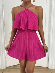 Breezaya Women's Shoulder Strap Drawstring Waist Frill Trim Jumpsuit - Hot Pink - View 4