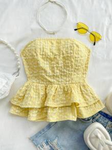 Soleia 女人度假女士休闲鹅黄色提花系带露背荷叶边抹胸夏季可爱午餐休闲返校黄色上衣 - 黃色 - 查看 6