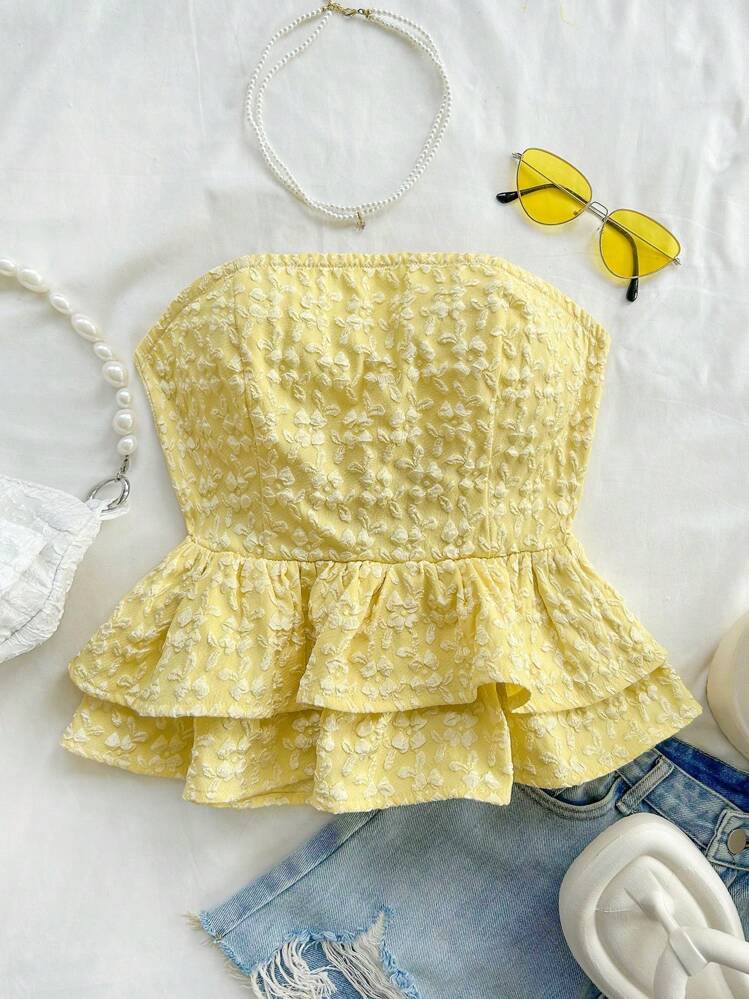 Soleia Blusa amarilla casual de verano estilo peplum sin espalda con lazo para mujer, look casual para vacaciones, almuerzo o de regreso a clases - Amarillo - Añade 6