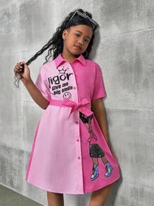 SHEIN Leap Crew Tween Girl Loose Casual cổ bẻ hai tông màu Áo sơ mi in hình hợp thời trang - Màu Hồng Tươi - Xem 3