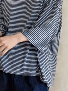 FRIFUL Áo thun ngắn tay sọc ngang cổ tròn trễ vai dành cho nữ, Xuân/Hè - Màu xanh lam - Xem 5