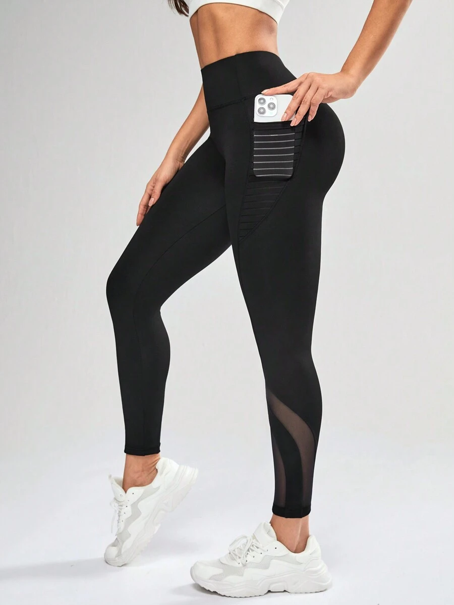 Exploreva Women's High Waist Mesh Inset Leggings With Belted Pockets, Solid Color, Workout Tights Women Leggings Set Yoga Pants