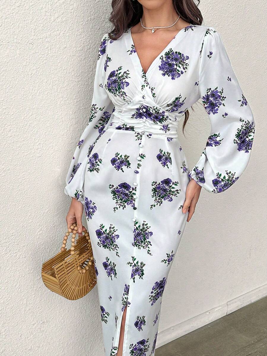 Modelyn Đầm Maxi Xẻ Đùi Họa Tiết Hoa Tay Lồng Đèn Trang Phục Nữ - Màu xanh lam - Xem 1