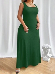 SHEIN Unity Plus Solid Summer Casual Simple Tank Dress Women Outfit - Dark Green - View 1