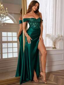 Paillettenbesetztes Meerjungfrauenkleid mit Carmen-Ausschnitt für den Abiball, lang mit hohem Schlitz, Spitzen-Abendrobe für Frauen, mit Reißverschluss-Rücken und Schleppe, elegantes Hochzeitsgast-Kleid, für Abschluss, Dinner, Weihnachten