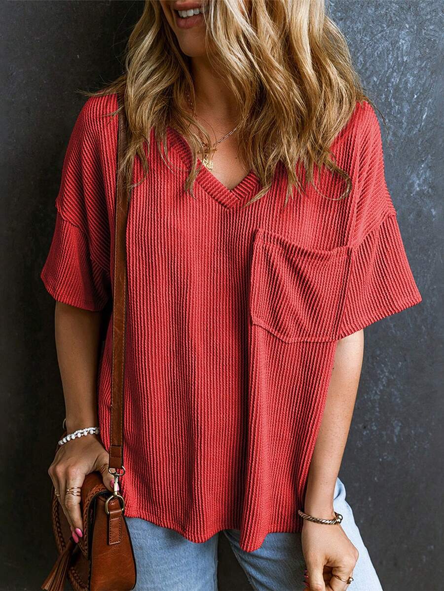 CILKOO Áo thun nữ tay ngắn cổ chữ V dáng rộng, chất liệu xoắn nhẹ, thích hợp mặc mùa xuân/hè. - Gỗ đỏ - Xem 1