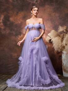 Faeriesty Dressalisa Maternity Off Shoulder Sheer Bodice Ruffle Trim Tulle Evening Dress - Purple - View 7