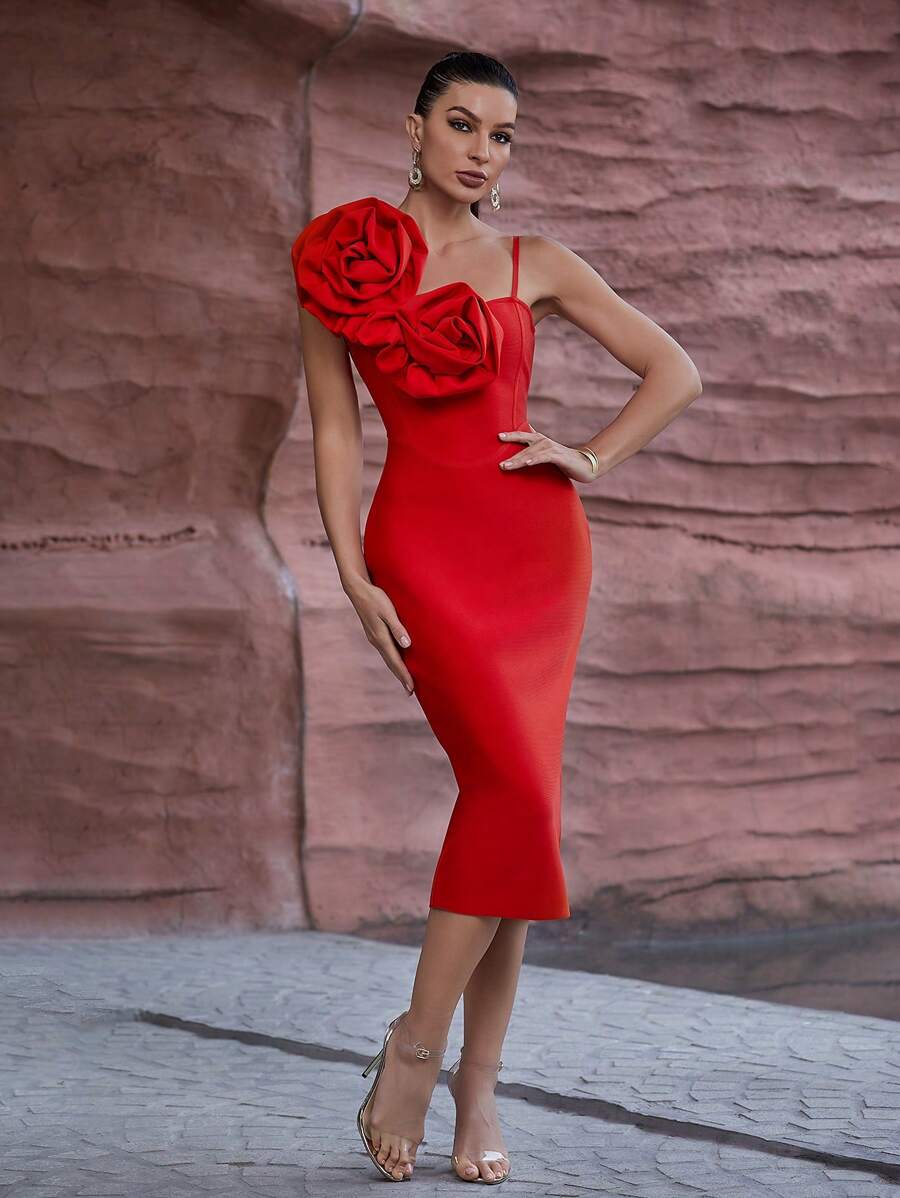Floral Sculptural Asymmetrical Neck Tight Bandage Party Dress With Spaghetti Straps Wedding Guest Cocktail Dress - Red - View 1