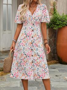 SHEIN LUNE 女士鮮花小印花連衣裙，V領設計，荷葉邊，A字型剪裁（隨機印花） - 白色 - 查看 7