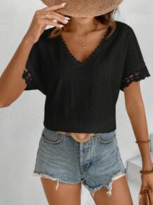 SHEIN Frenchy Frenchy Women's Solid Color Hollow Out Embroidered Lace Trim White Wedding T-Shirt