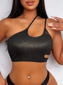 Swim EVENT Women's Fashion Asymmetrical Strap Hollow Out Design Bikini Top Summer - Black - View 4