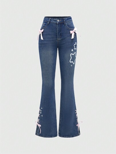 Kawaii Japanese Himekaji Sweet And Cute Bowknot With Cross Pendant, Starry Printed Flared Jeans With Lace Up, School