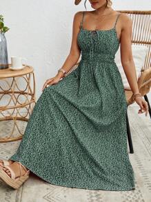 SHEIN VCAY Women's All-Over Print Summer Sleeveless Knot Strap Dress