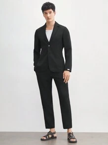 AKNOTIC Business Casual 2pcs Men's Woven Blend Suit, Without Padded Shoulders, Waist Drawstring Jacket & Straight-Leg Trousers, Suitable For Spring And Autumn Business Attire - Black - View 3