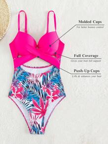 Swim Lushoire Summer Beach Tropical Print Cut Out Twist Push Up One Piece Swimsuit