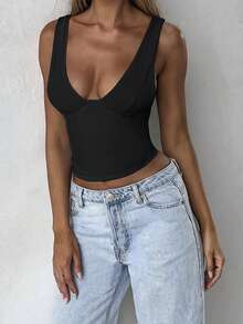 女款純色深V領性感休閒夏季背心上衣