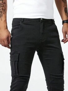 Men's Fashionable Multi-Pocket Stretchy Slim Fit Casual Jeans - Black - View 4