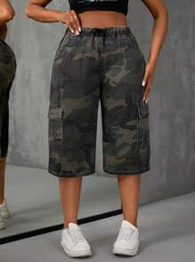SHEIN SXY Plus Size Camouflage Printed Denim Capri Pants Without Elasticity - Multicolor - View 5
