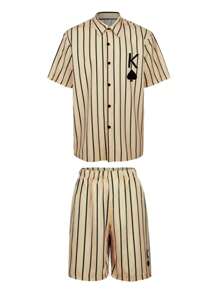 Men's Summer Poker Cards Striped Print Short Sleeve Shirt And Shorts Casual Set