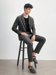 AKNOTIC Business Casual 2pcs Men's Casual Slim Fit Woven Suit Set, Including Long Sleeve Suit Jacket And Mid-Waist Slim Fit Trousers. Ideal For Daily Wear In Spring And Summer.