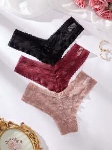 SHEIN 3pcs Women's Lace Fashion Triangle String Panties Set Lingerie - Multicolor - View 4
