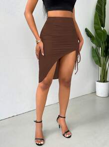 SHEIN Unity Women Solid Color Drawstring Split Thigh Skirt - Brown - View 6