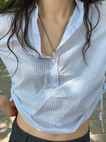 Chiquease Vertical Stripe Drawstring Side Shirt Fall Cloth For Women - Blue - View 4