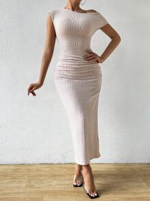 Chiquease Asymmetrical Neck Ribbed Knit Ruched Dress - Apricot - View 7