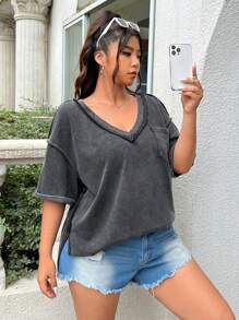 Muchica Cộng với kích thước axit rửa sạch nhìn cổ điển dệt kim đau khổ Loose Fit ngắn tay áo thun - màu đen - Xem 3